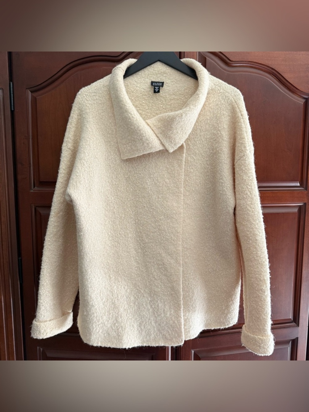 Eileen Fisher Boucle Alpaca Silk Wool Asymmetrical Coat Jacket Cream Ivory M